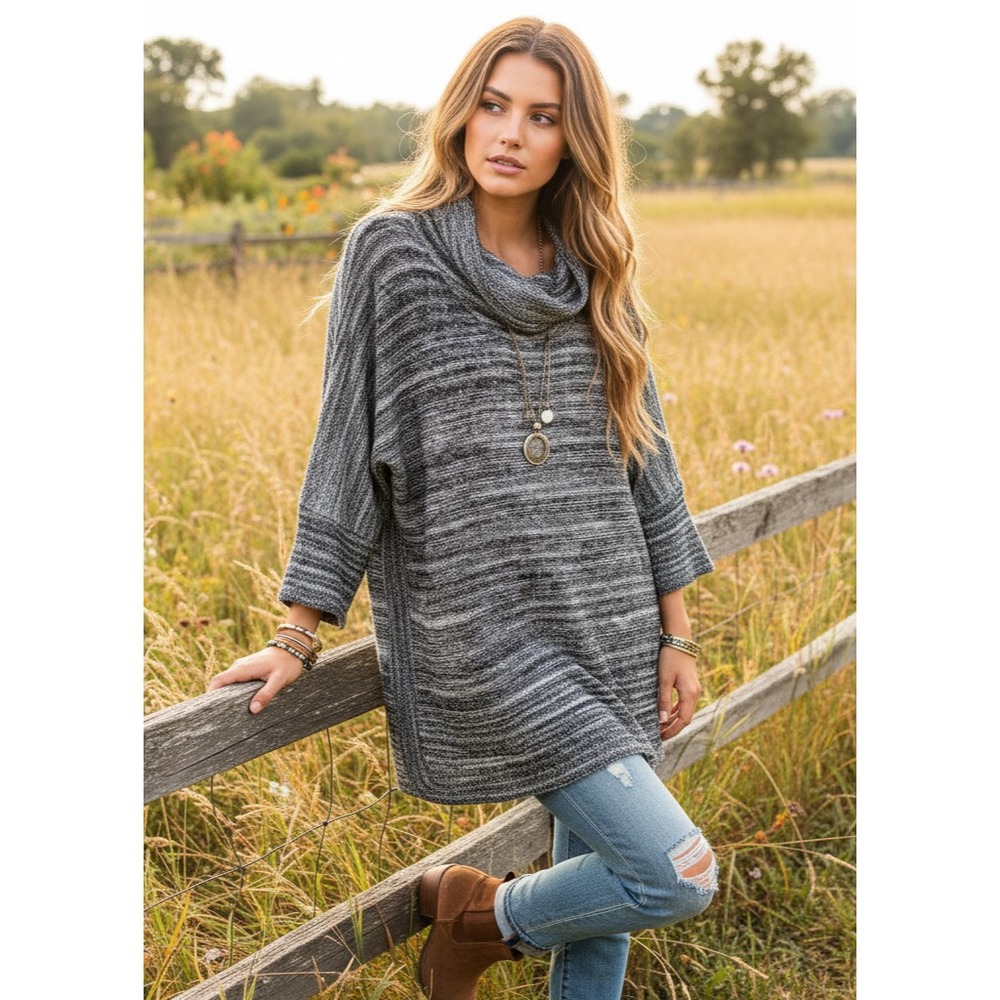 Field Flower Sweater Gray Cowl Tunic‎ Comfy Cozy Cottage Boho Cabin Minimalist M